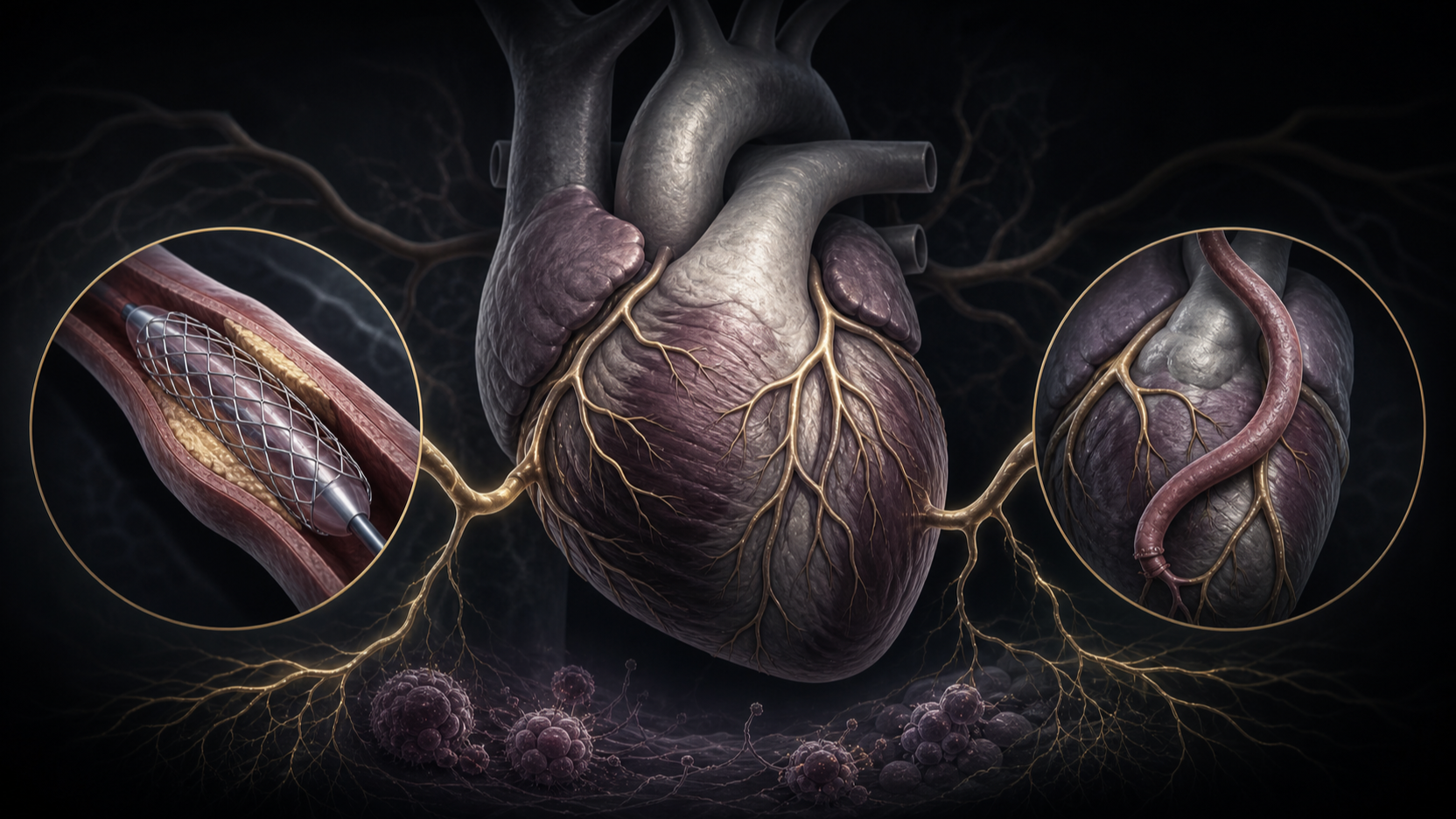 Original medical illustration for: Comparing Stent Procedures and Bypass Surgery for Three-Vessel Heart Disease